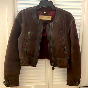 Burberry burgundy with leather trims shearing crop coat USA size 8